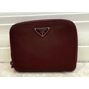 PRADA Burgandy Red Triangle Logo Metal Bifold Wallet Nylon Zip Around Snap AS IS